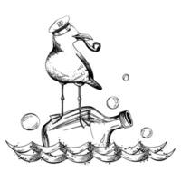 Seagull in a ship captain s cap with a tobacco pipe in its beak stands and floats on a rum bottle on the waves with bubbles. Graphic line art drawn by hand in black and white monochrome. Composition. vector