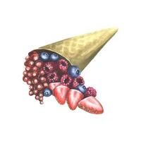 Waffle cone with berries, red currants, blueberries, strawberries. Watercolor illustration. An isolated object from a large set of SWEETS. For the design and decoration of menus, kitchen accessories vector