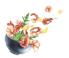 Levitating shrimp in a ceramic bowl with lettuce leaves, arugula, lemon, eggs and chopsticks on a white background. Illustration from the SHRIMP collection. For decoration and design vector