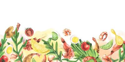 Shrimp with vegetables, eggs and herbs. Watercolor illustration. Seamless border pattern from the SHRIMP collection. For the design and design of menus, recipes, banners, templates, cafes. vector