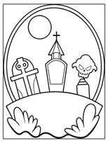 Halloween graveyard coloring page design, Halloween design, Halloween black and white design, vector