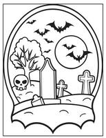 Halloween graveyard coloring page design, Halloween design, Halloween black and white design, vector