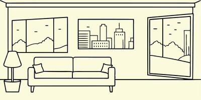 A drawing of a living room with a view of a city vector