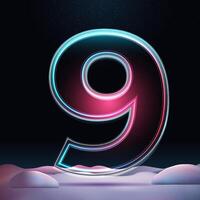 3D glass number 9 with neon light insight. Big relistic symbol with sparkles and winter background. Futuristic holiday decoration. Element for design poster, advertisign or game vector