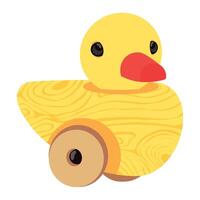 A yellow duck with a red beak and a wooden wheel vector