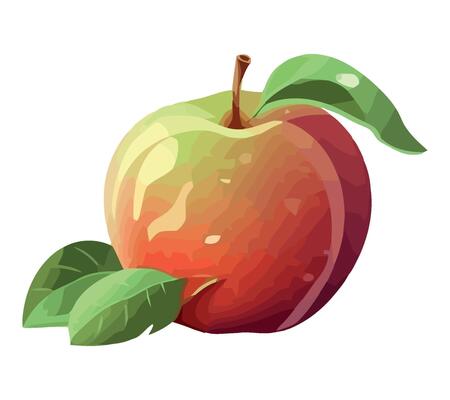 An apple with leaves on it is shown