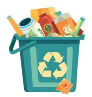A green trash can with various items inside vector