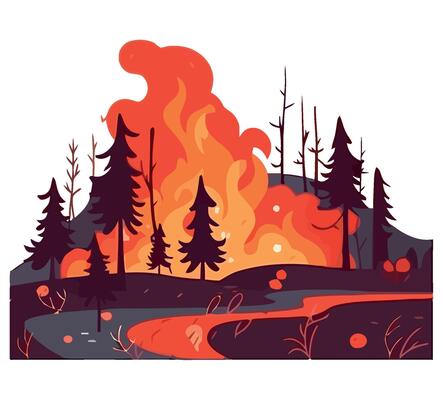 A cartoon illustration of a forest fire