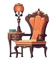 An old chair and table with lamp on it vector