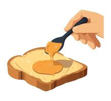 Hand dipping a spoon of peanut butter into toast vector