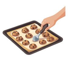 A person is holding a cookie sheet with chocolate chips on it vector