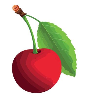 A red cherry with green leaf on a white background