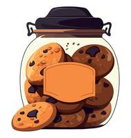 A glass jar with chocolate chip cookies and an orange label vector