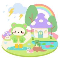 Cute Cat in Frog Hood with Mushroom House and Rainbow.Adorable Cat in Raincoat with Snail and Mushroom House.Kawaii Forest Scene with Cat, Frog, and Thunderstorm. vector