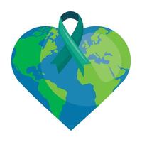 Heart with green ribbon and world map illustration vector