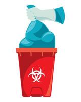 A person in gloves is throwing a biohazard in a trash can vector