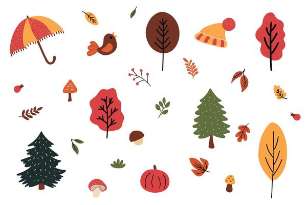 Autumn set of cozy illustrations, fallen leaves, yellowing trees, umbrella, warm hat, harvest of mushrooms and pumpkins. hand drawn illustration isolated on white background.