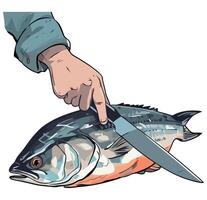 A hand holding a knife and a fish vector