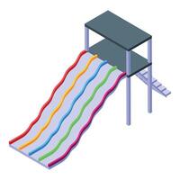 Four colored water slides going down from platform with stairs isometric icon vector