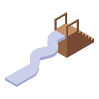 River flowing under small wooden bridge with railing and stairs isometric icon vector