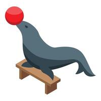 Circus seal balancing red ball on nose while performing vector