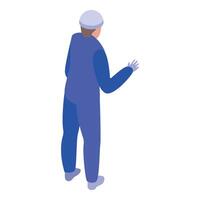Cleaning service worker wearing blue uniform and white hat is gesturing with hand isometric view vector