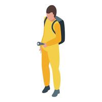 Speleologist exploring cave holding flashlight wearing overall and backpack vector