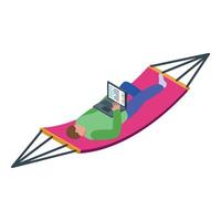 Freelancer working remotely lying on hammock using laptop vector