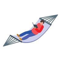 Young man relaxing in hammock reading a book vector