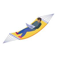 Freelancer working remotely in hammock with laptop on tropical island vector