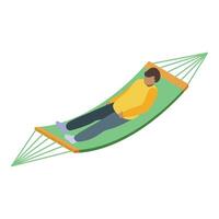 Young man relaxing lying on green hammock isometric view vector