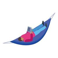 Young man relaxing in hammock reading book vector