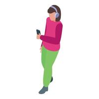 Young woman listening music using headphones while walking and browsing smartphone isometric icon vector