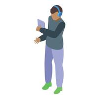 Young man wearing headphones is using a smartphone application vector
