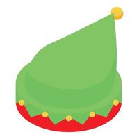 Green elf hat with red trim and yellow pompom isometric 3d vector