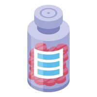 Glass medical bottle containing red pills with blank label for medication name vector