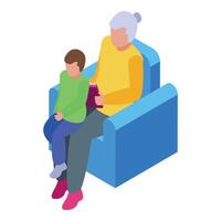 Grandmother reading book to grandson sitting on her lap in armchair vector