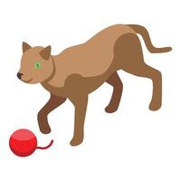 Playful brown cat walking towards red ball of yarn isometric icon vector