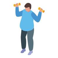 Overweight man lifting weights during home workout routine vector