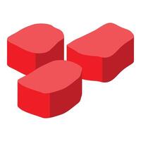 Three pieces of raw red meat are lying on white background vector