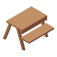 Wooden picnic table with attached bench isometric view vector