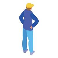 Delivery man standing with hands on hips watching backside view vector