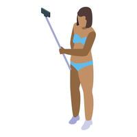 Blogger taking selfie using monopod at beach vector