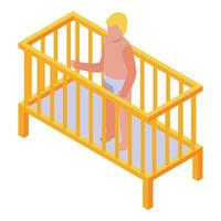 Baby boy standing in wooden crib looking over the edge vector