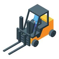 Warehouse worker driving forklift in isometric projection vector