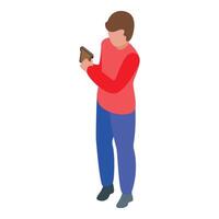 Young man holding toast for breakfast using smartphone app vector