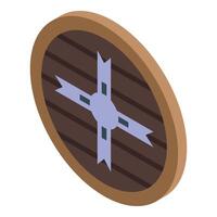 Round wooden shield protecting from attacking using weapon vector