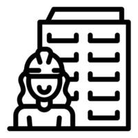 Female construction worker smiling wearing hard hat with building behind vector