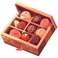 A wooden box with different kinds of chocolates vector