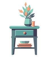 A vase of flowers on a nightstand with a plate of food vector